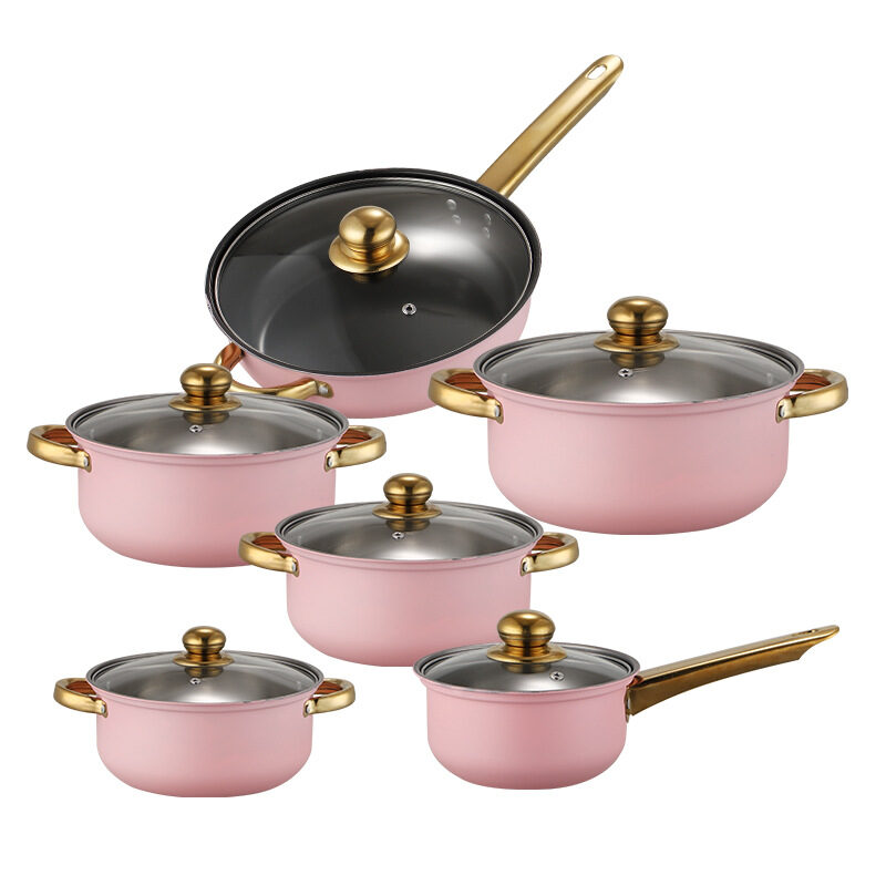 Stainless Steel 12-Piece Kitchen Cookware Set with Golden Handles