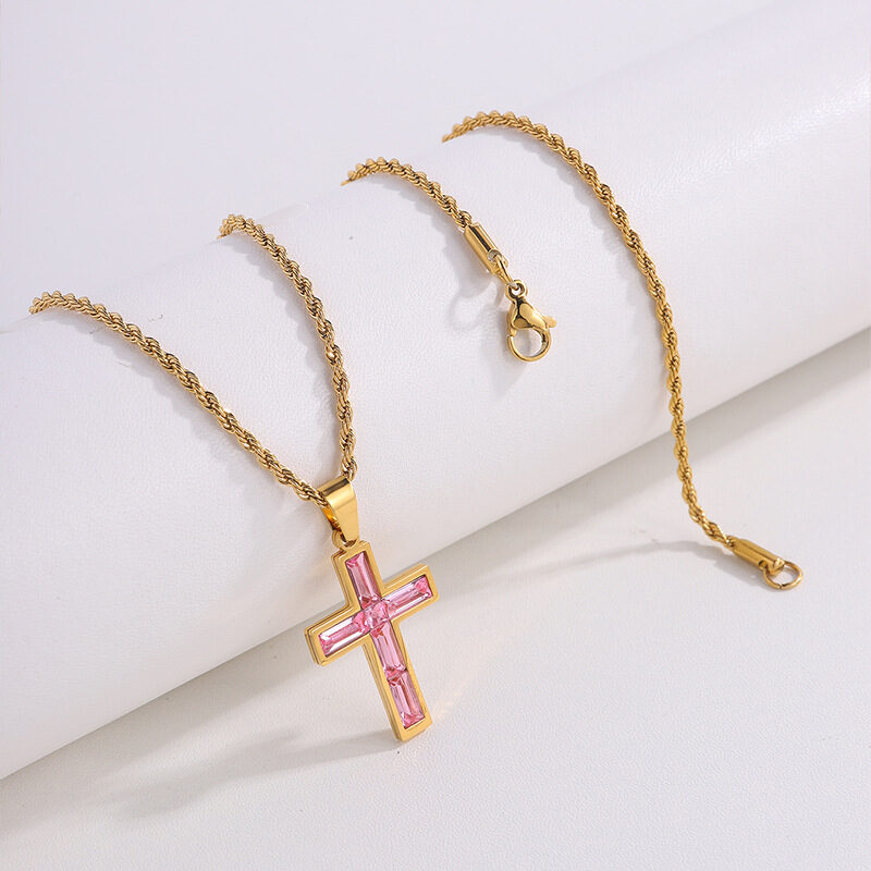 Full Diamond Cross Stainless Steel Twist Clavicle Chain Necklace