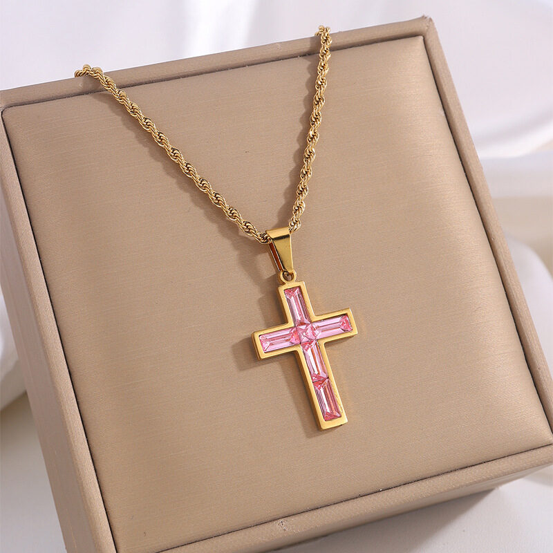 Full Diamond Cross Stainless Steel Twist Clavicle Chain Necklace