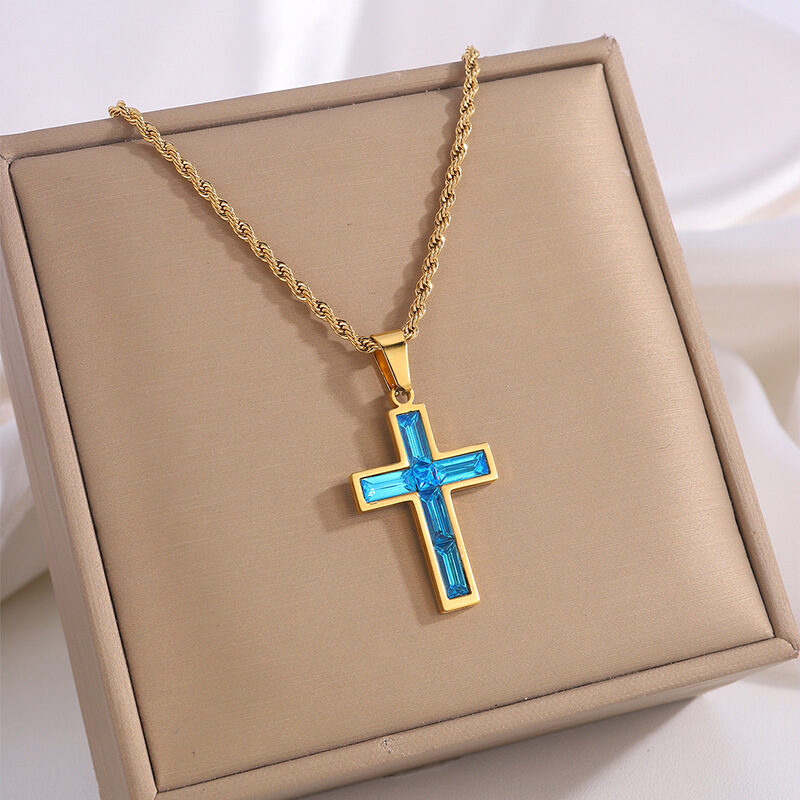 Full Diamond Cross Stainless Steel Twist Clavicle Chain Necklace