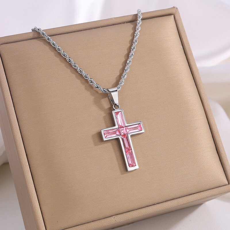 Full Diamond Cross Stainless Steel Twist Clavicle Chain Necklace