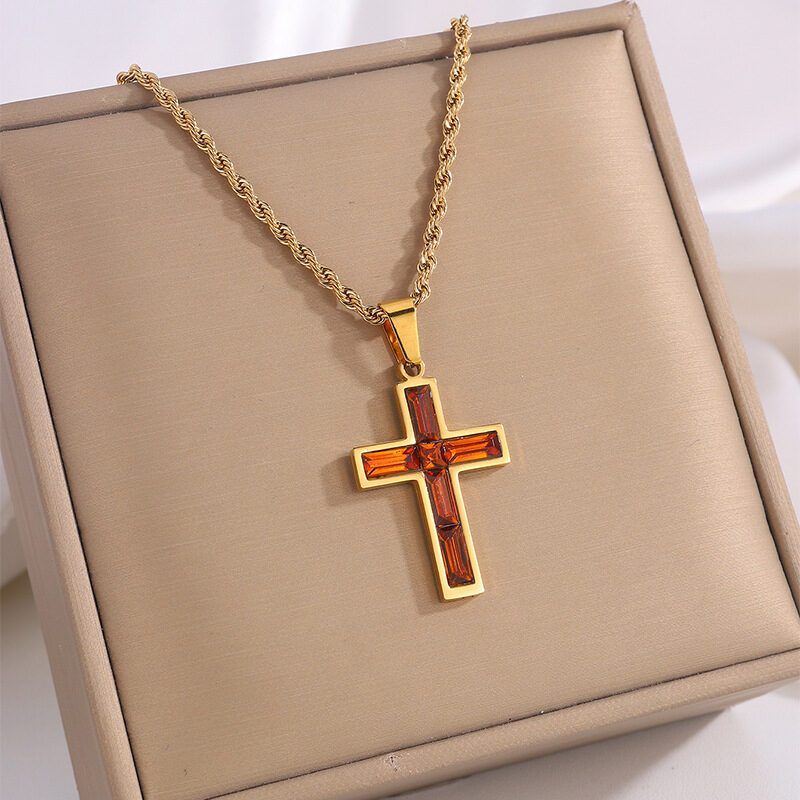 Full Diamond Cross Stainless Steel Twist Clavicle Chain Necklace