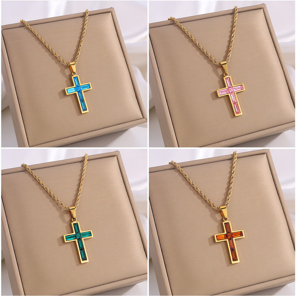 Full Diamond Cross Stainless Steel Twist Clavicle Chain Necklace